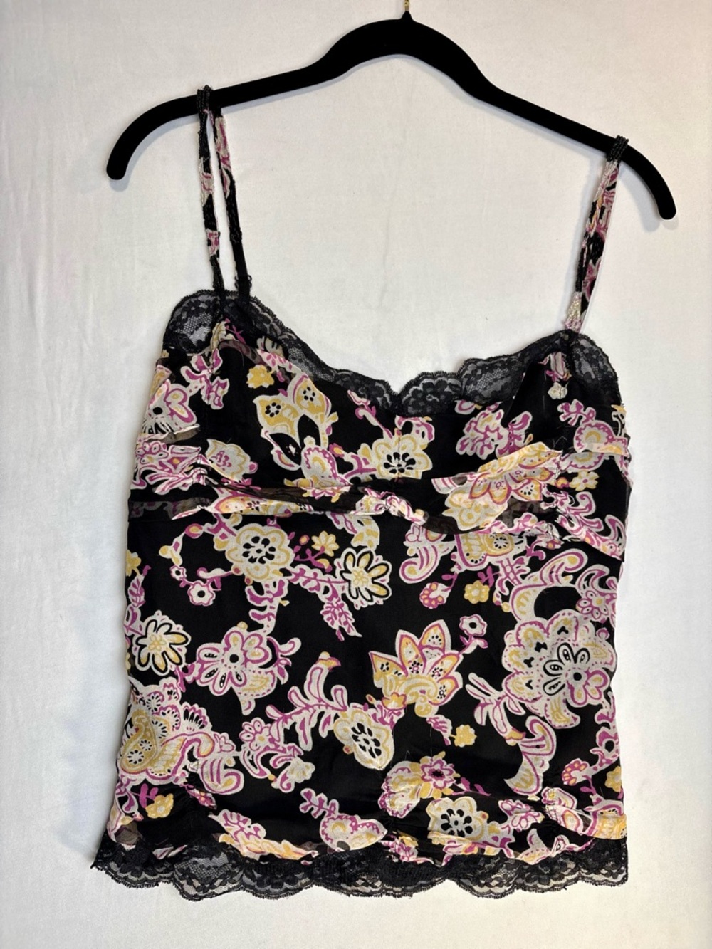 Vintage 90’s/Y2K Floral Lace Trim Camisole in Black, Pink & Yellow